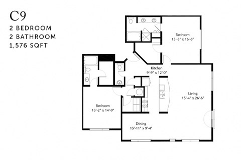 Floor plan for 2 beds, 2.5 baths, 1576 sqft